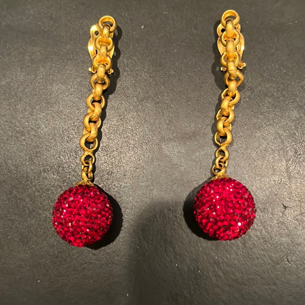 Matte gold chain with red sparkly balls clip on earrings